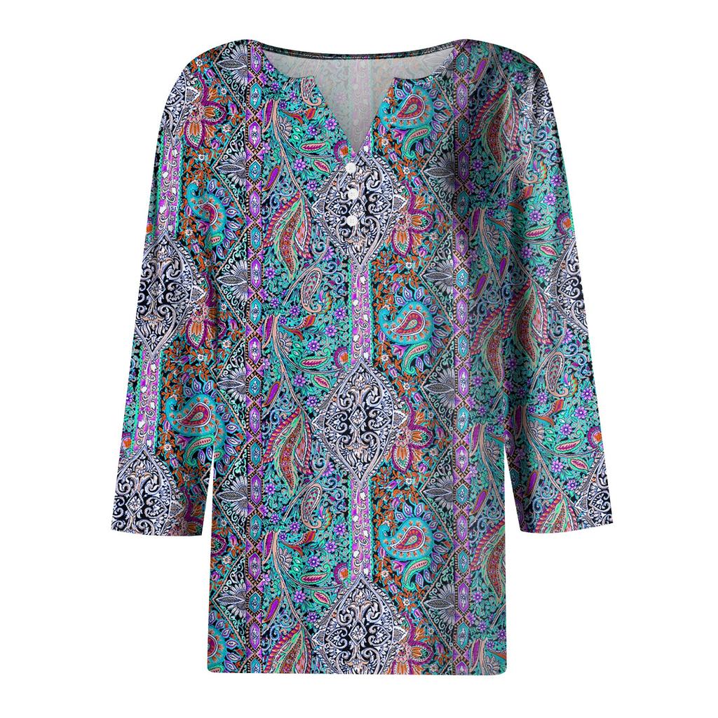 3/4 Length Sleeve Women's Tops Print Vintage Fashion Casual Loose With V Neck Plus Size Shirts Tops