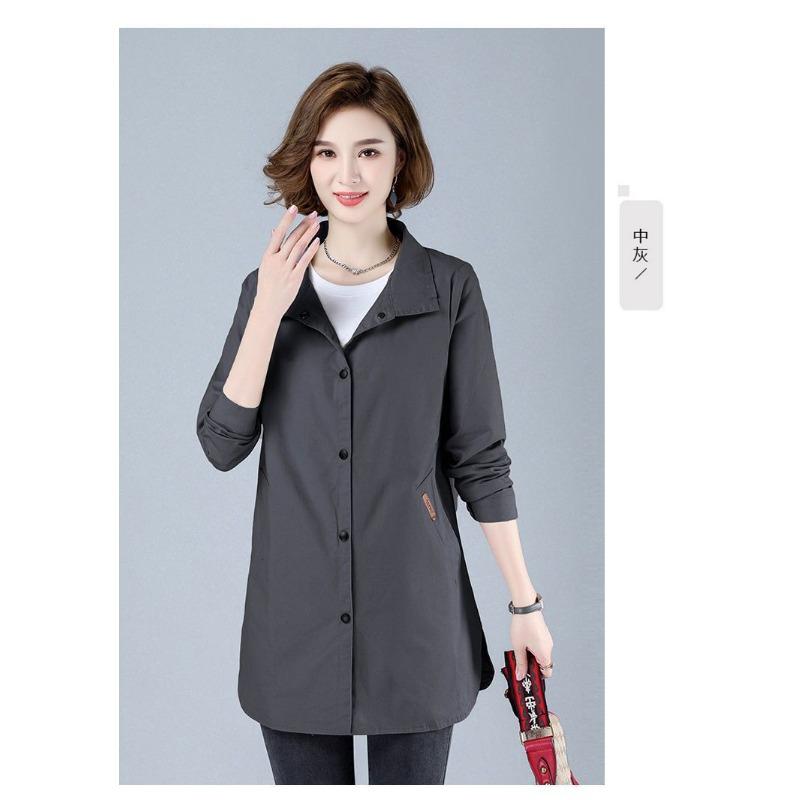 

Autumn New Mid-length Windbreaker Lapel Long-sleeved Versatile Cardigan Solid Color Temperament Button Thin Jacket S серый
