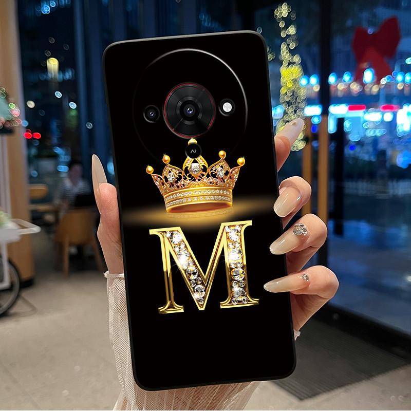 Elegant Simple Crown Initial Letter Case For ZTE Blade A76 5G Soft Silicone Black Case Shockproof Shell ZTE Blade A76 5G Casing