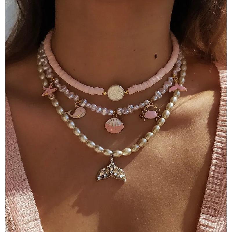 

Пляжный ветер мягкая глина имитация жемчуга многослойное ожерелье нерегулярный дизайн ракушка морская звезда ювелирное ожерелье женское
