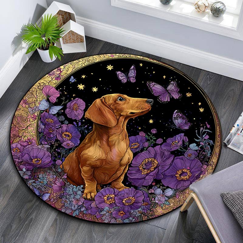Dachshund Butterflies Round Area Rug,Carpet Rug for Living Room Bedroom Sofa Playroom Decor,Non-slip Floor Mat