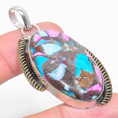 Natural Spiny Oyster Gemstone Two Tone 925 Sterling Silver Pendant 2.32" P2f08