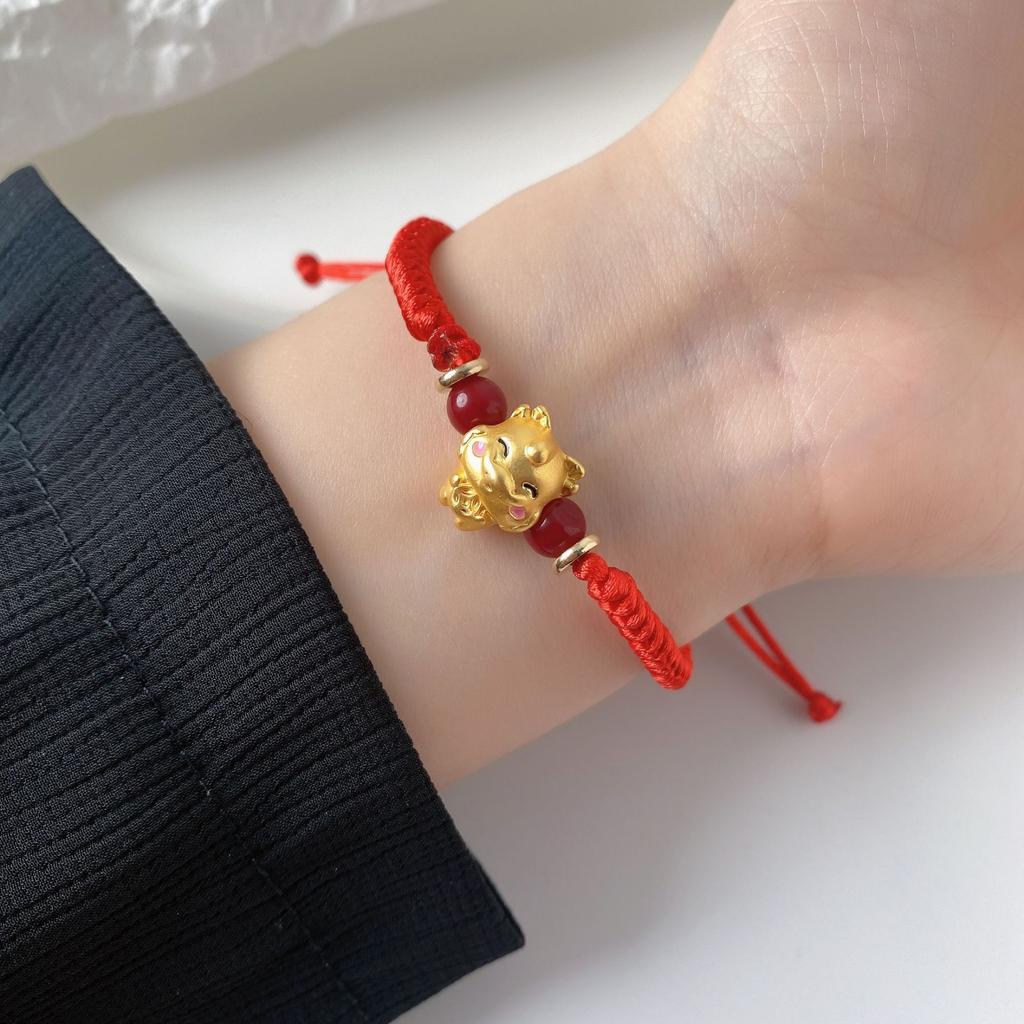 Pulsera de la suerte tejida con animales de los 12 signos del zodíaco, hecha a mano, para hombres y mujeres, cuerda roja, cuentas de color dorado, pulsera, joyería