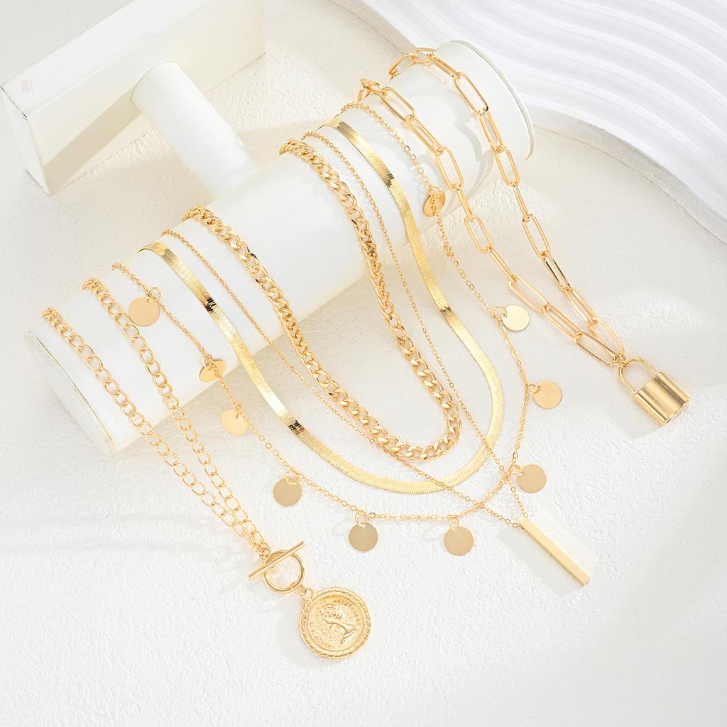 6pcs/3pcs Vintage Elegant Fashion Multi-Element Portrait Coin Cross Lock OT Buckle Pendant Hollow Chain Layered Necklace Set New