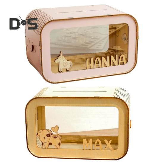 Transparent Trälåda för Pengar Stor Kapacitet Spargris Mynt Kontantbehållare Barn Vuxna DIY Tecknad Pengasparande Fodral Förvaringsburk Dekoration