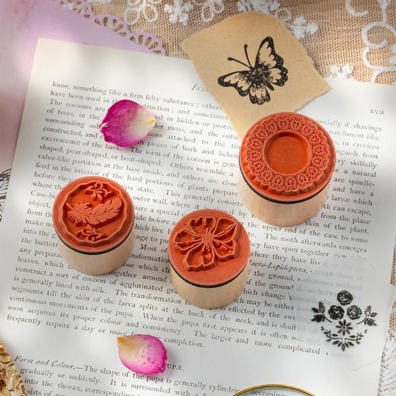 8Pcs Wood Craft Stamp Flower Stamper with Inkpad Scrapbooking Decorative Stamp for Scrapbooking Journal Planner Notebook