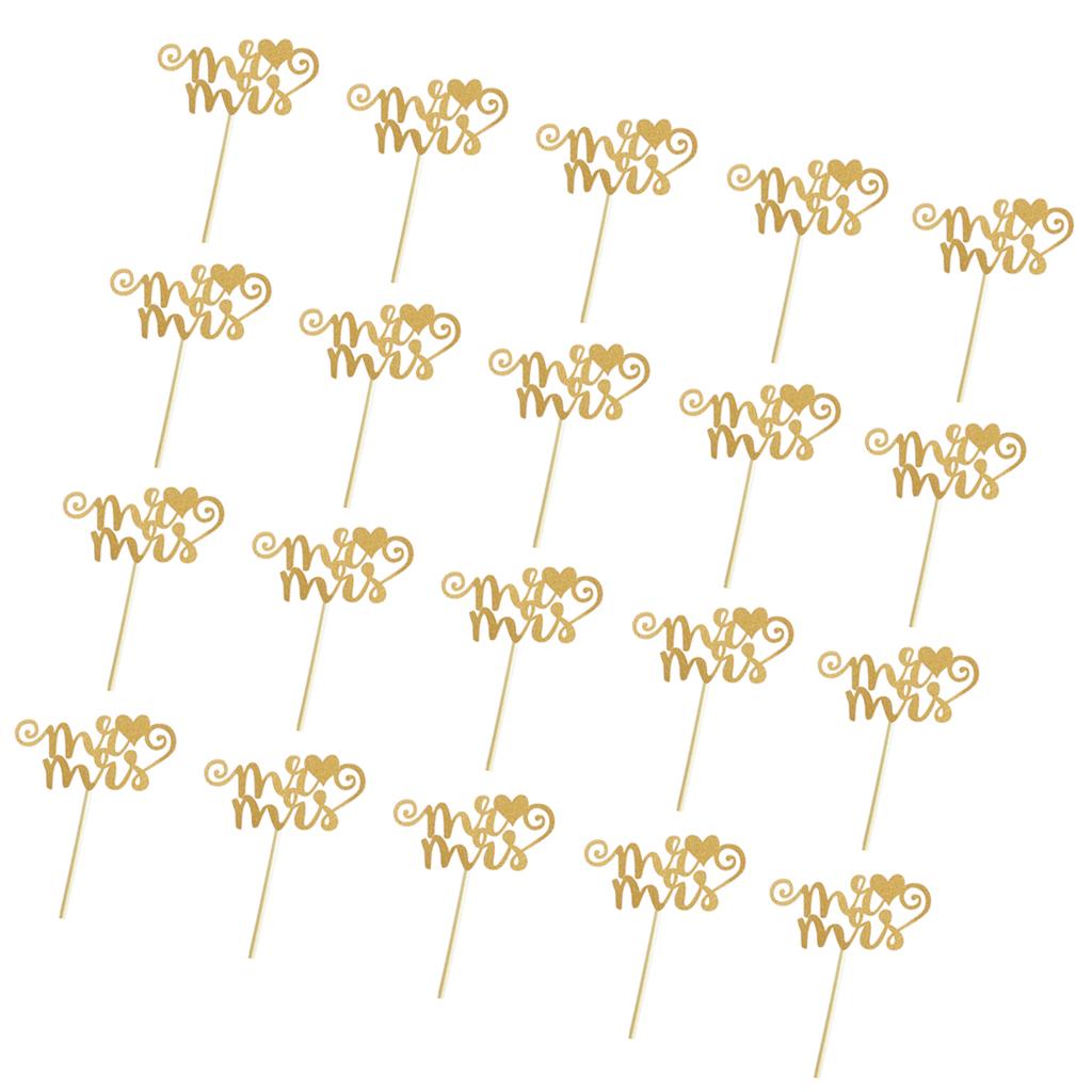 20pcs/set Glitter Paper Wedding Mr & Mrs Heart Cake Cupcake Topper Pick Decor for Wedding Party Anniversary Accessories
