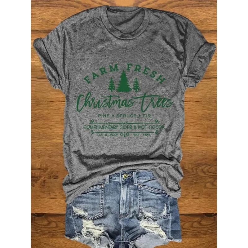 Letní dámská trička s krátkým rukávem, módní, ležérní, s 3D potiskem vánočního stromku a kulatým výstřihem