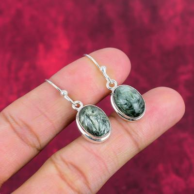 Seraphinite Küpeler 925 Ayar Gümüş Değerli Taş Takı, El Yapımı Küpeler, Şükran Günü İçin
