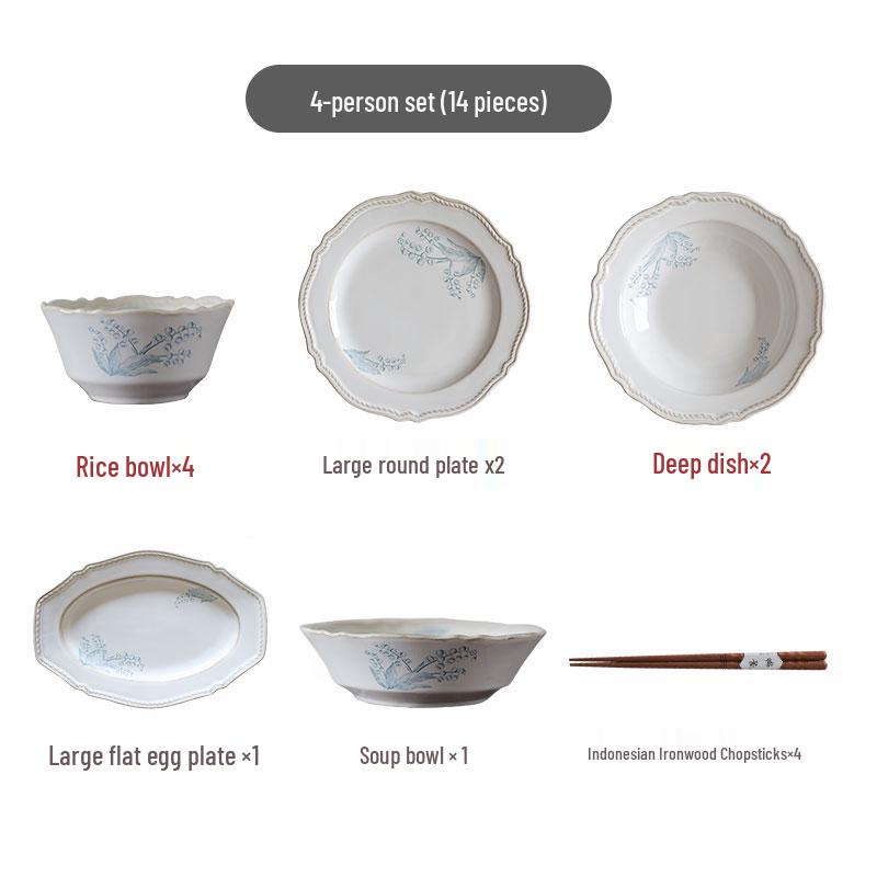French Retro Lily of the Valley Tableware Set: Ceramic Dinner Plates, Rice Bowls, Steamed Fish Plates, and Household Dish Set.