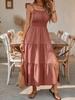 2026 Spring/Summer European & American Spaghetti Strap Layered Waist-cinching Solid Color Women's Long Dress