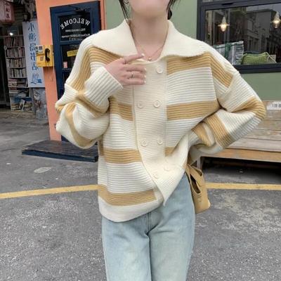 Japanese Contrasting Striped Cardigan Sweater Women Spring and Autumn Loose Soft Glutinous Long Sleeve Knit Sweater Cardigan