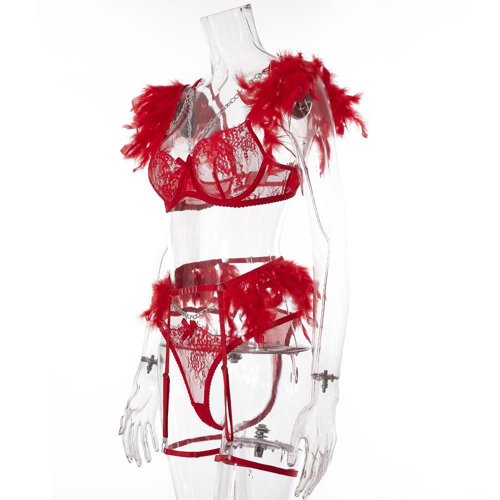 European & American Lace Feather Patchwork Sexy Lingerie Set - Three Pieces, Style W619.