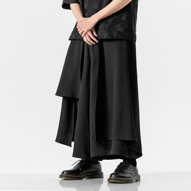 

Мужские черные брюки гаремы в китайском стиле, уличные брюки, мужские черные брюки-юбка ханьфу, летние мужские повседневные брюки с необычным дизайном M чёрный