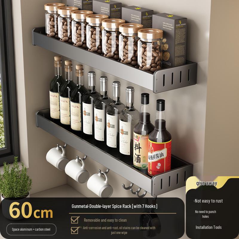 Gunmetal Gray Wall-Mounted No-Drill Kitchen Rack for Knives, Seasonings, and Cutting Boards