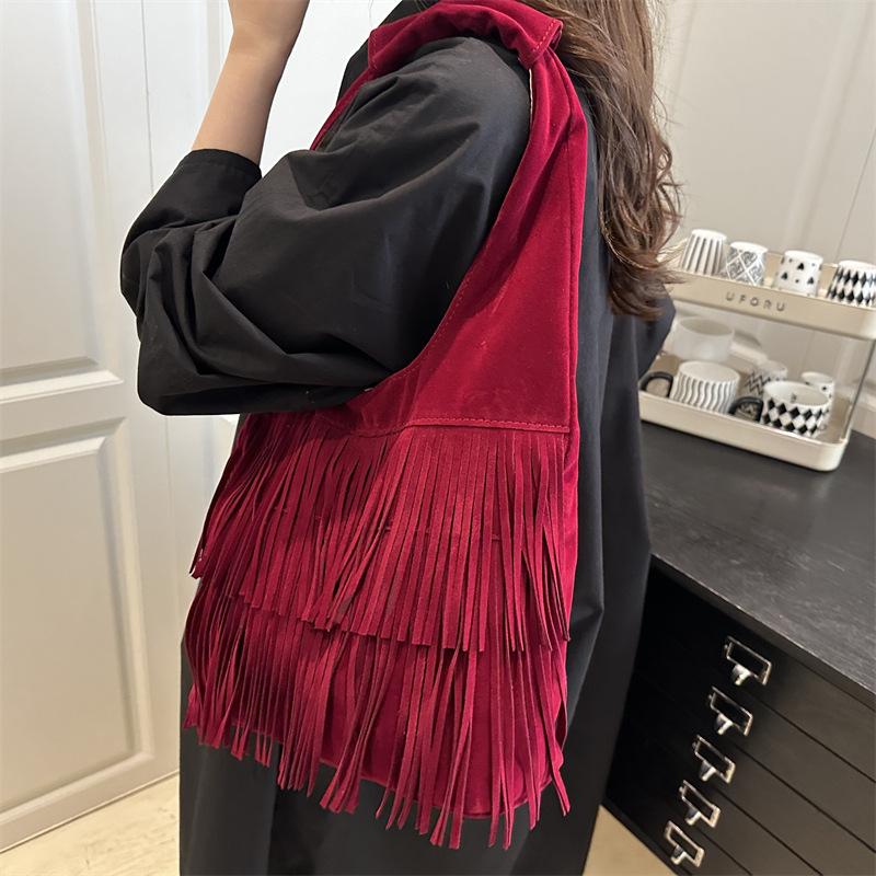 Autumn Vintage Tassel Deisgn Women Suede Shoulder Bags Large Capacity Ladies Vest Tote Bag Simple Solid Color Female Handbags