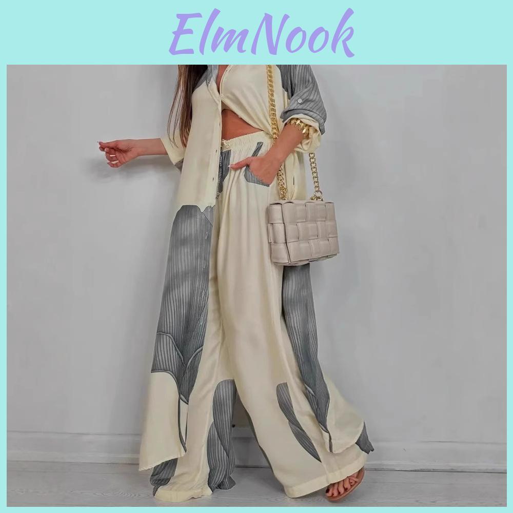 Sleeve Fashion Loose Long Printed 2piece Set Womens Singlebreasted Cardigan Robe Wideleg Pants Casual Twopiece Outfit Woman