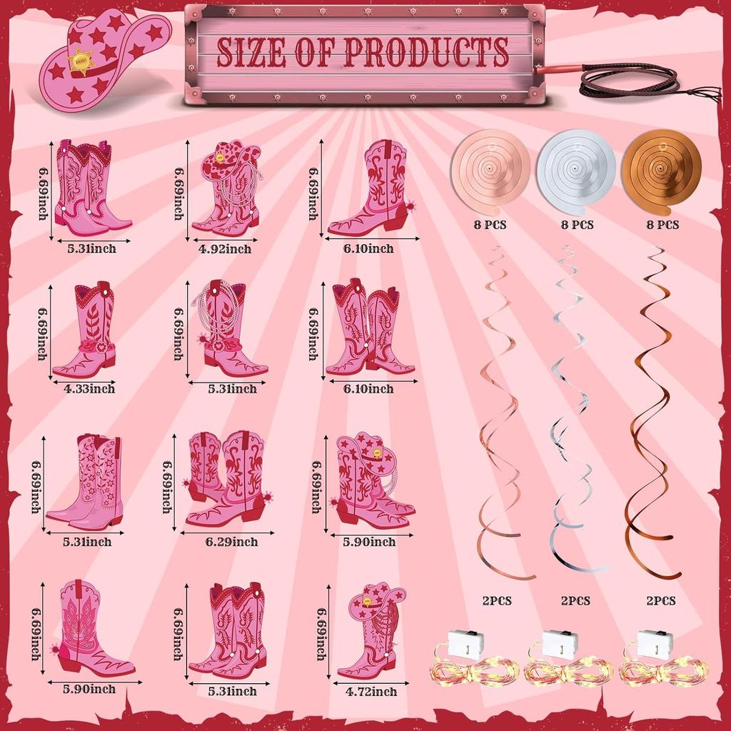 Pajean 57 Pcs Cowgirl Party Decorations with LED Light Pink Boot Hanging Swirls Decorations Western Cowgirl Boot Hanging Banner for Western Baby