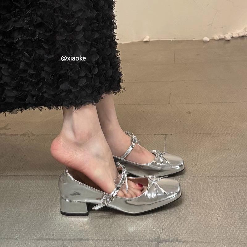 French bow light mouth silver single shoes women's spring and autumn new retro fairy ballet thick heel Mary Jane small leather shoes