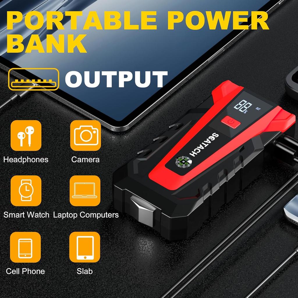 3000A Car Battery Jump Starter 12V Portable Jump Box with Flashlight & Jumper Cable