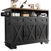 Modern Kitchen Island (118×43-70×98cm) with Wood Grain, Cart with Wheels, Multifunctional Storage, Removable Dividers, Towel Holder, Black