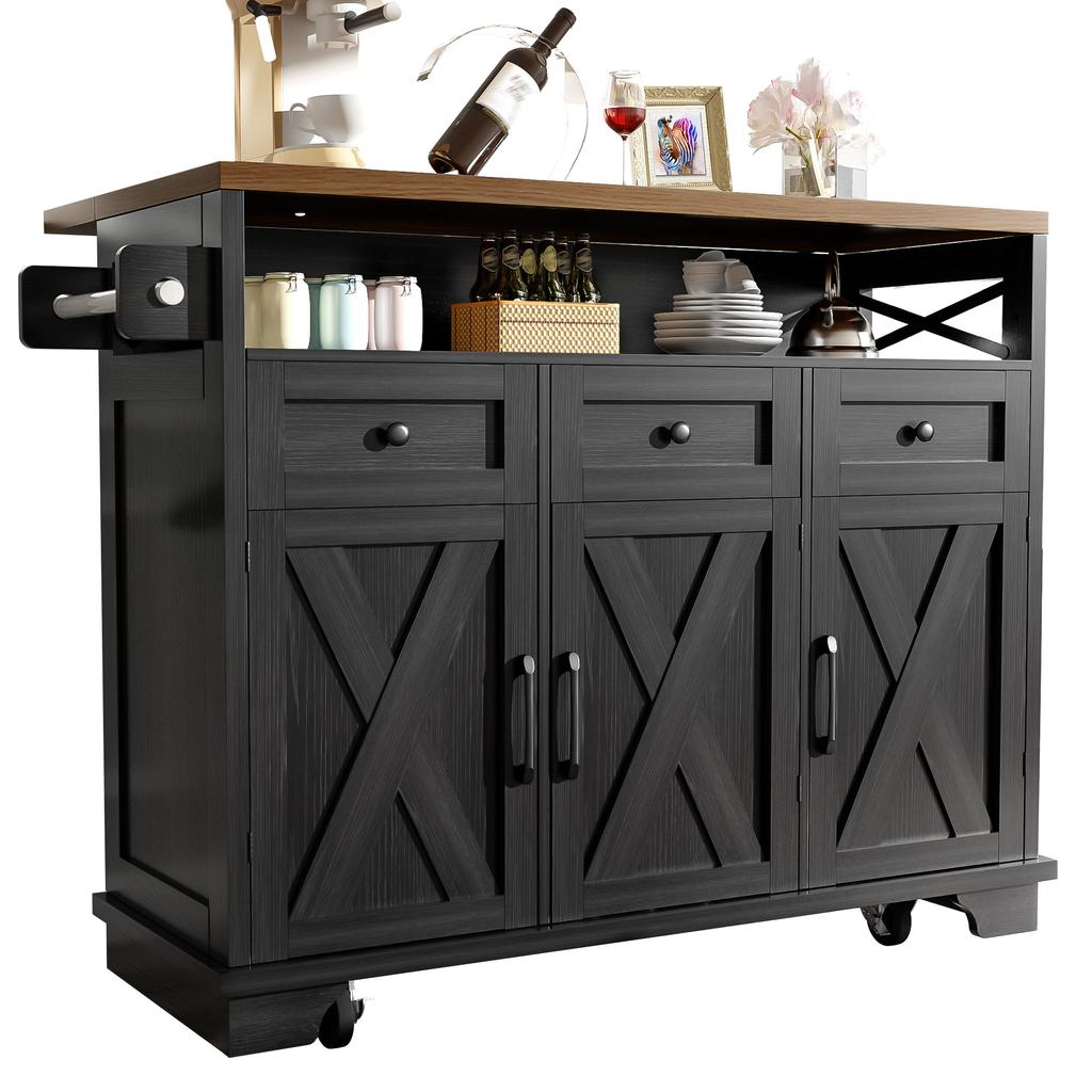 Modern Kitchen Island (118×43-70×98cm) with Wood Grain, Cart with Wheels, Multifunctional Storage, Removable Dividers, Towel Holder, Black