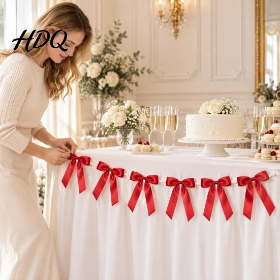 Bridal Shower Photo Props Bow Garland Banner Satin Ribbon Bows with Faux Pearl Chain 2m Bowknot Banner for Wedding Wedding Shower Bachelorette
