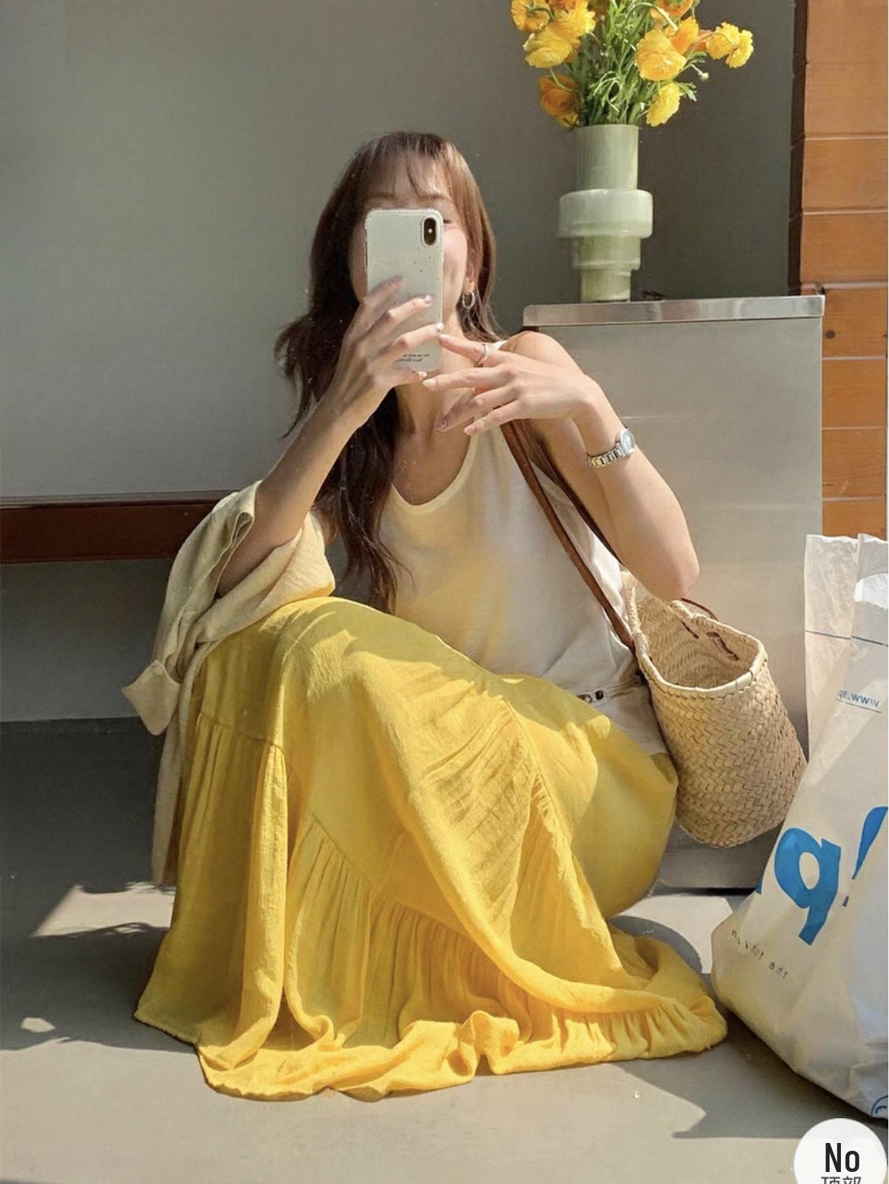 High Waist Japanese Literary Cotton Linen Skirt: Women s Slimming Draped Cake Skirt for Spring 2026 One Size жёлтый