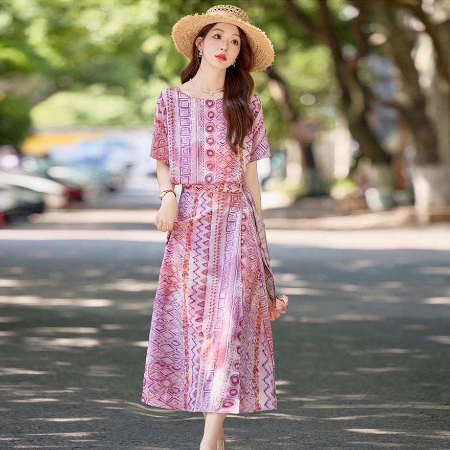 

Летнее новое платье с легким зрелым темпераментом, тонкое, с принтом, элегантное, модное, до колена, отпускное, с коротким рукавом, юбка, женское 2XL розовый