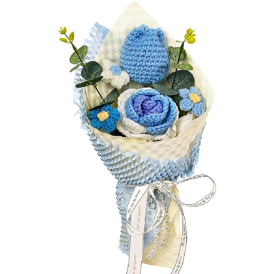 Crochet Flower Bouquet - Handmade Crochet Rose, Tulip & Daisy Knitted Flowers for Valentine’s Day, Anniversary, Wedding, Birthday Party - Home