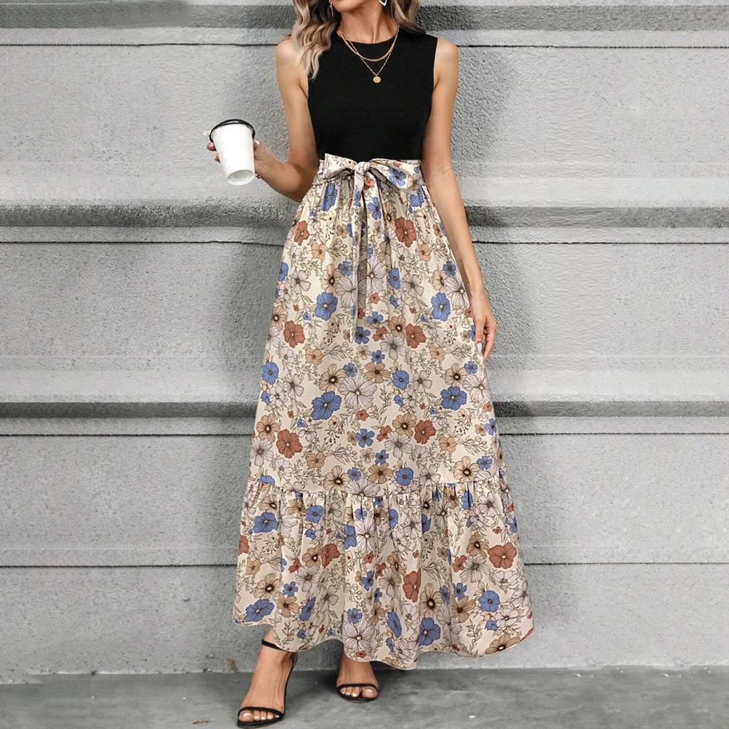 Women's Floral Print High Waist Fashionable And Elegant Sleeveless Dress