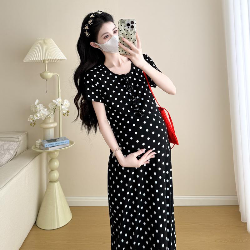 Elegant Polka Dot Maternity Summer Dress - French-Inspired Long Dress for Stylish Moms L