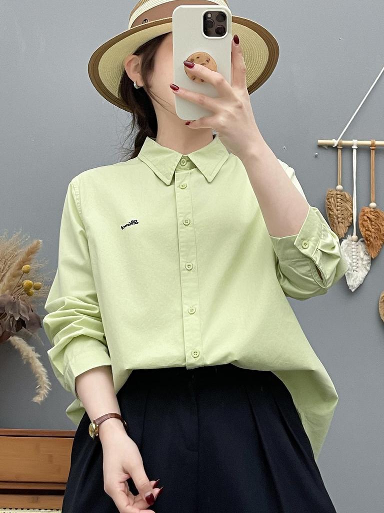 Women's Long Sleeve Embroidered Cotton Shirt - Candy Color, High Quality, Versatile Loose Fit Casual Top