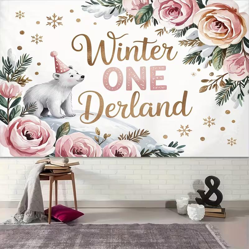 Winter Onederland Tapestry, Polar Bear Floral Background Cloth, 1st Birthday Decor