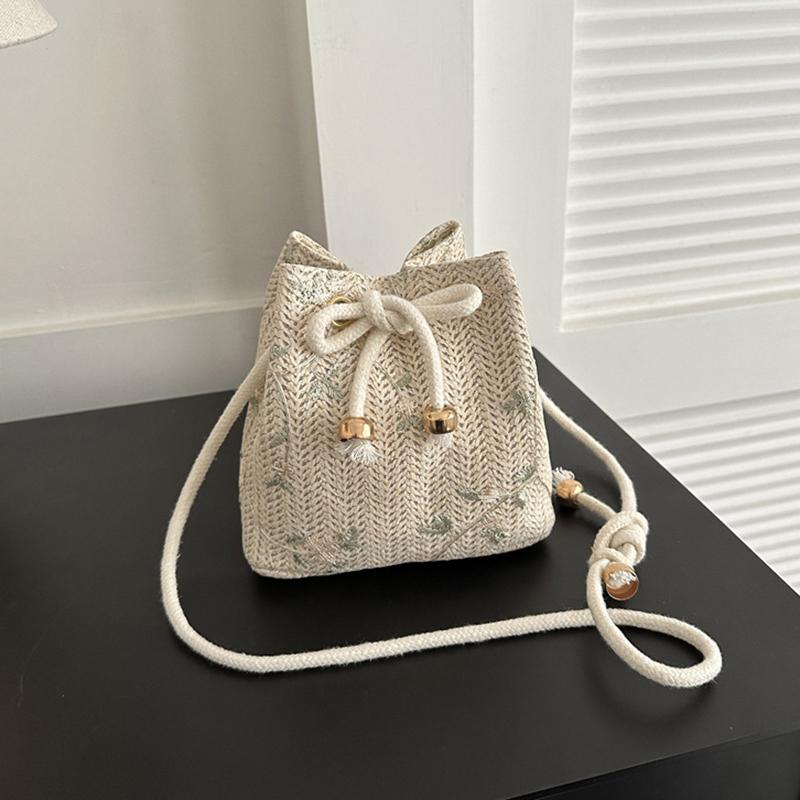 

Drawstring Shoulder Bags Casual Summer Beach Woven Straw Small Handbag Large Capacity Crossbody Bags бежевый