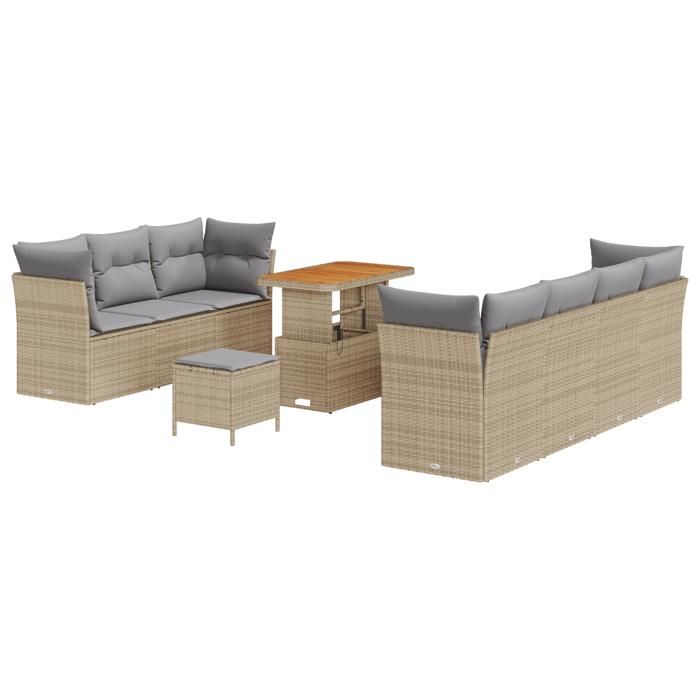 Canapé de Jardin 10 Pièces avec Coussins Beige Polyrattan Acacia, Salle à Manger de Jardin 3 Pièces avec Coussins Beige 3361452