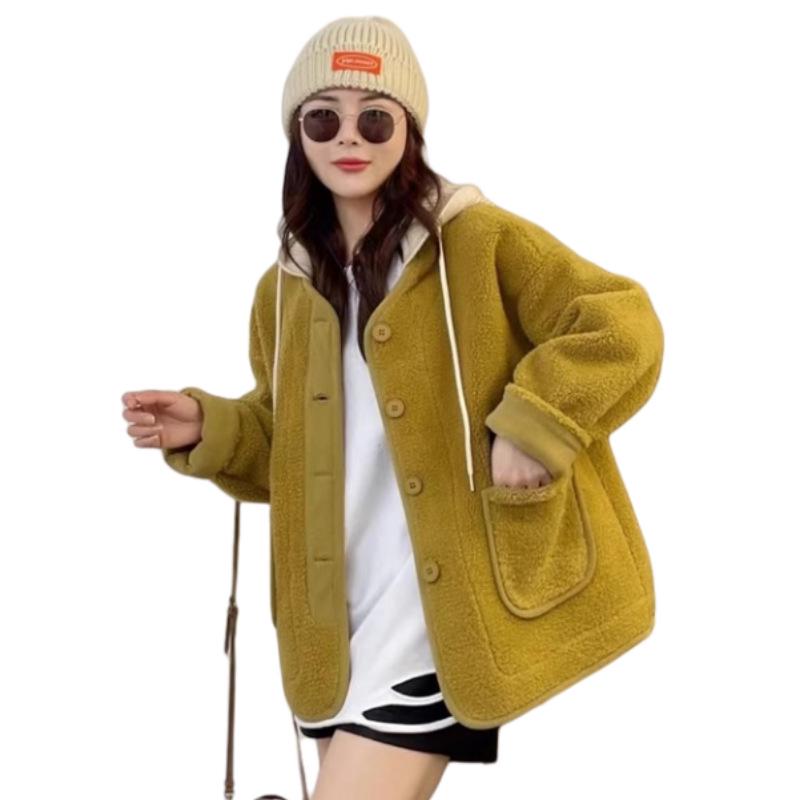 Women's Hooded Lamb Wool Coat 2024 - Casual Loose Fleece for Autumn and Winter
