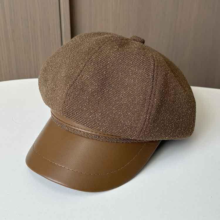 Spring and Autumn Hat Women's New Pu Leather Octagonal Hat Big Head Circumference Showing Face Small Peaked Hat Retro Temperament Painter Hat Tide
