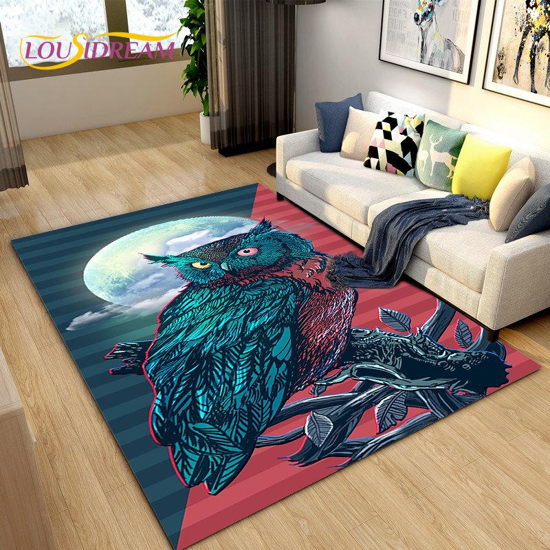 3D Cartoon Cute Owl Area Rug,Carpet Rug for Home Living Room Children's Bedroom Sofa Doormat Decor,Kitchen Non-slip Floor Mat