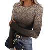 Women's slim-fit bottoming T-shirt leopard print round neck pullover long-sleeved top (with thumb holes in the cuffs)