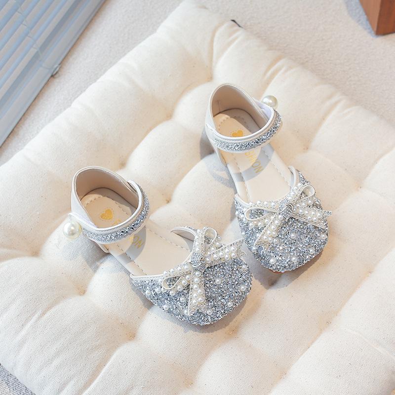Girls princess shoes spring and summer new children's leather shoes little girl little princess silver soft-soled bow shoes