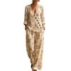 Summer new pink flamingo print V-neck diagonal shirt wide-leg pants two-piece set women's casual suit