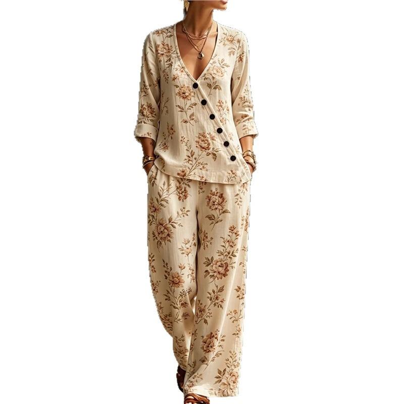 Summer new pink flamingo print V-neck diagonal shirt wide-leg pants two-piece set women's casual suit