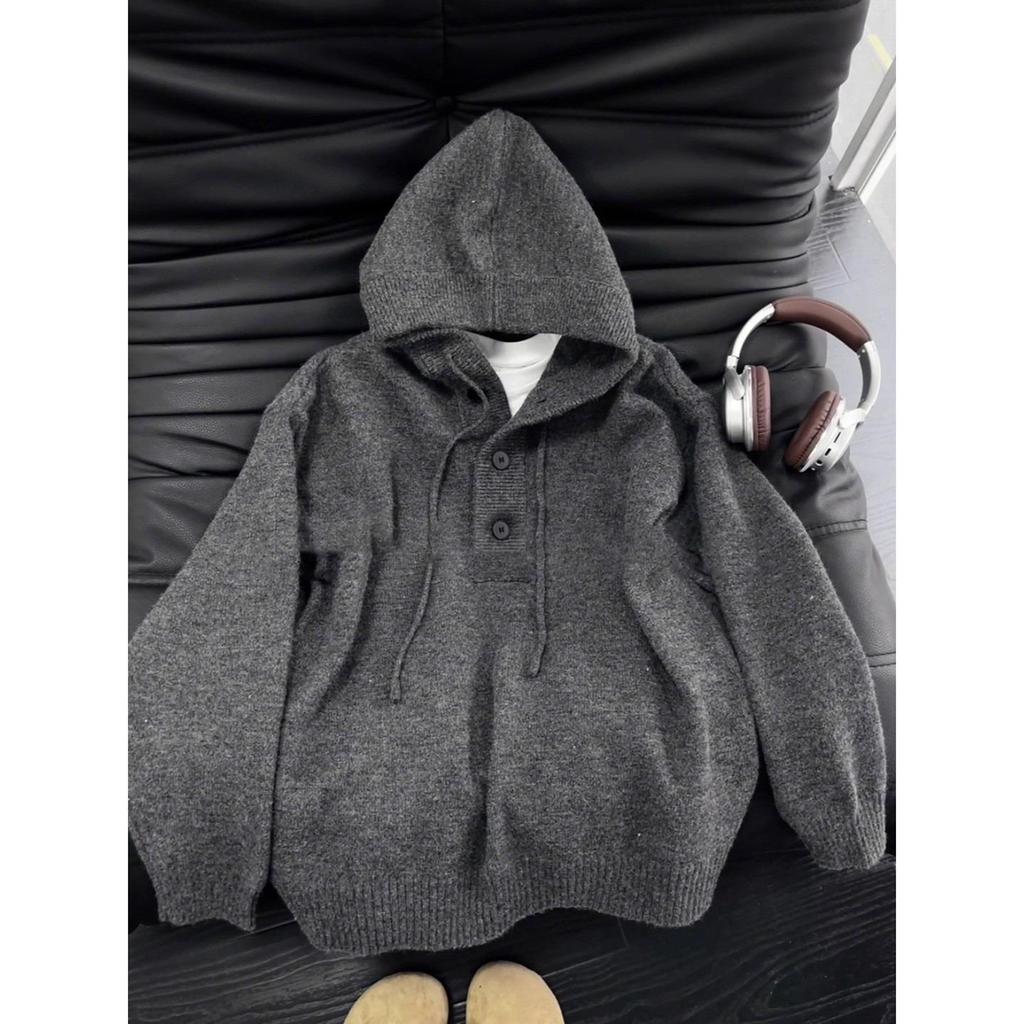 Men's Deep Gray Heavyweight Hooded Henley Pullover Knitwear - Autumn/Winter High-End Outerwear