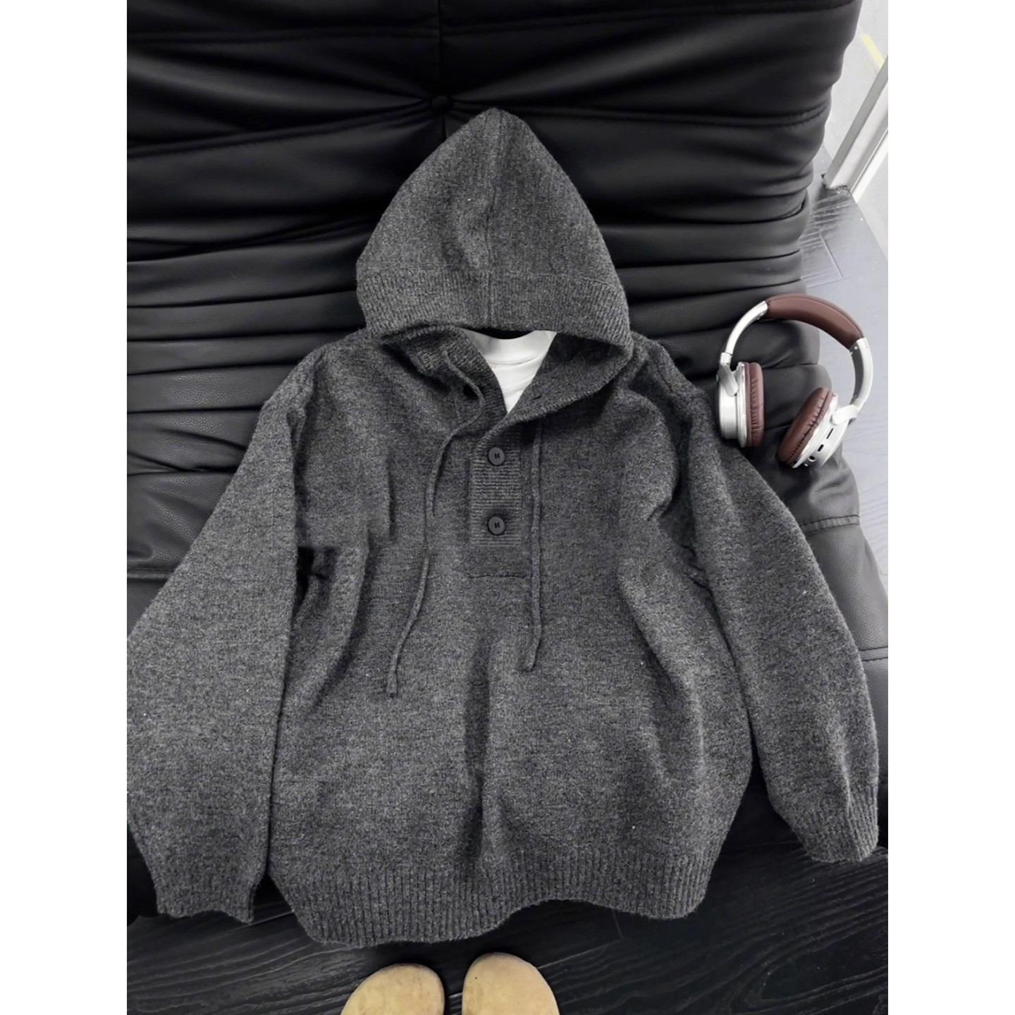 Men s Deep Gray Heavyweight Hooded Henley Pullover Knitwear - Autumn/Winter High-End Outerwear M
