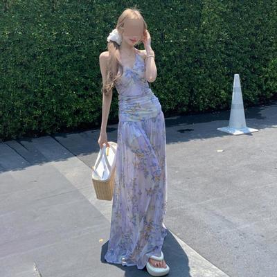 Urlaub rückenfreies V-Ausschnitt Kleid, Sanya vielseitiger Strandrock, Stretch-Mesh floraler Neckholderrock
