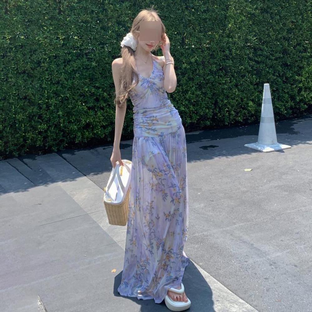 

Пляжное платье с открытой спиной и V-образным вырезом, универсальная пляжная юбка Санья, эластичная сетчатая юбка-халтер с цветочным принтом XL- (recommended 110-60kg)