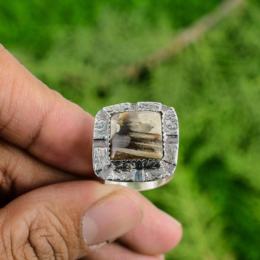 925 Sterling Silver Peanut Wood Jasper Stone Wedding Solitaire Bezel Sister Ring