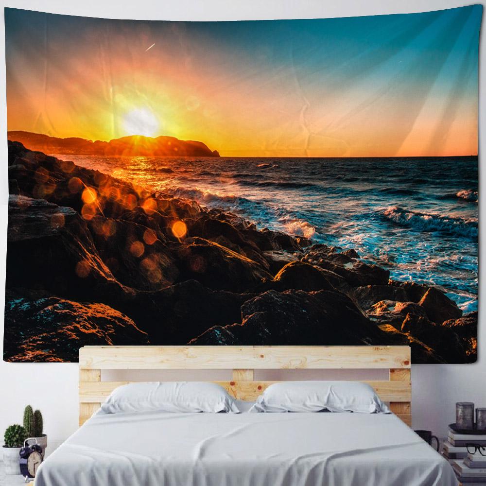Sea view tapestry, sunrise and sunset coconut tree printed wall hanging cloth, home wall background, sofa covered blanket