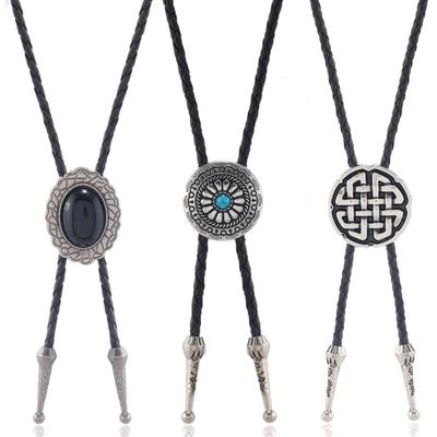 3Pcs Metal Flower Stone Pendant Cowboy Bolo Tie Western Faux Leather Rope Necktie Jewelry Shirt Collar Chain Necklace